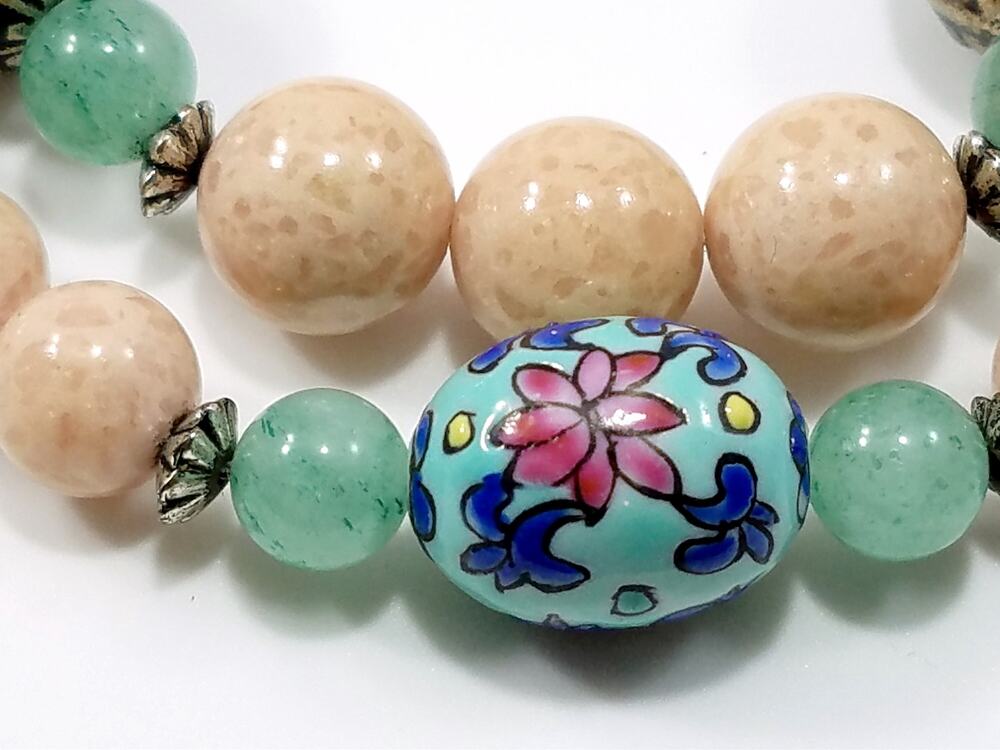 Vtg Chinese Pink Green Peking Glass Bead Necklace Painted Porcelain Silver Plate